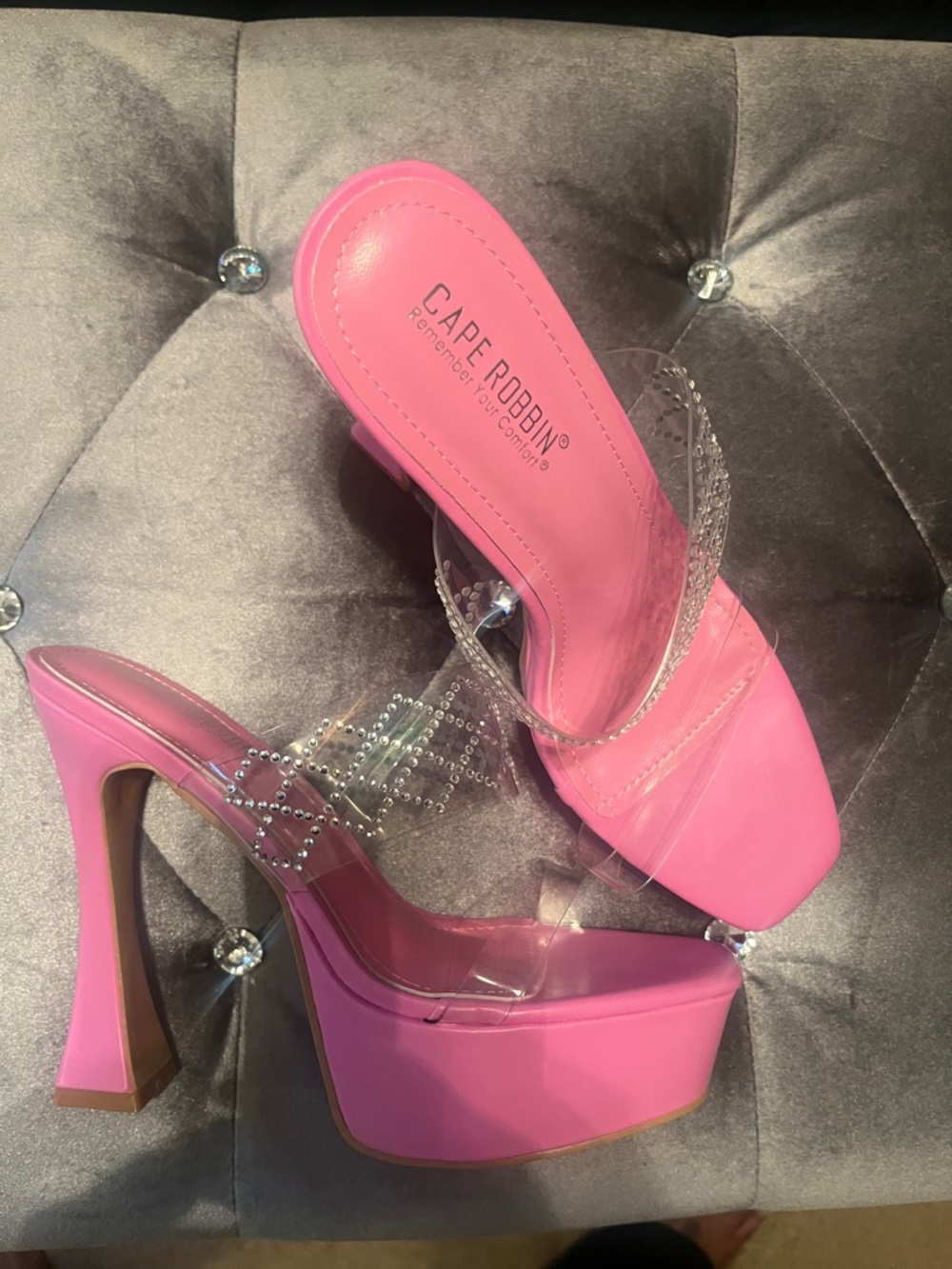 Cape Robbin Hot Pink Platform Heels with Clear Crystal Straps